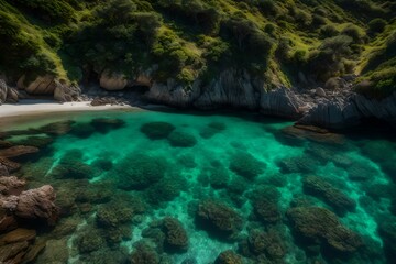A hidden cove with transparent water and schools of sardines shimmering in unison