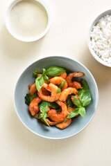 Roasted prawn with basil leaves