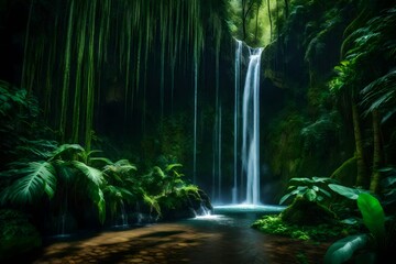 A hidden jungle waterfall accessible only through a portal