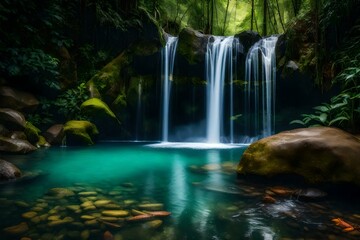 A hidden waterfall with a plunge pool of transparent water and fish darting about