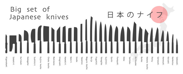 Big set of Japanese knives. Knife silhouette on white. Vector illustration