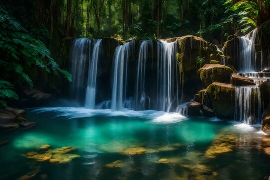 A hidden waterfall with a plunge pool of transparent water and fish darting about © Muhammad