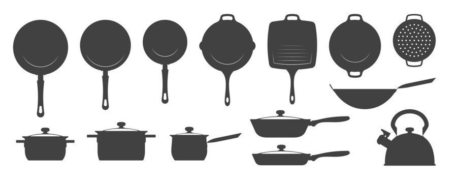 Kitchenware set. Silhouettes of pans pots and other on white. Vector illustration