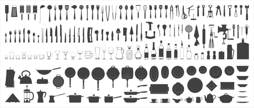 Cutlery and kitchen utensils set. Kitchenware silhouette on white. Vector illustration