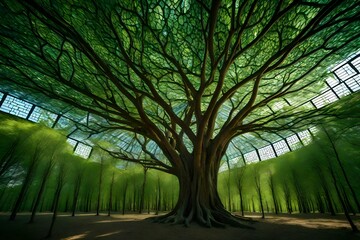 A living tree cathedral with branches forming intricate stained-glass patterns