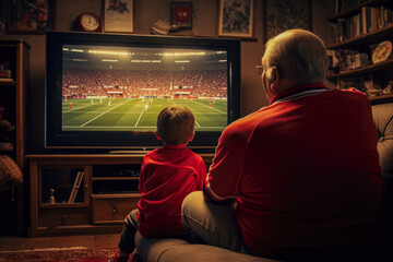Grandfather and grandson watching football match on tv in living room at home