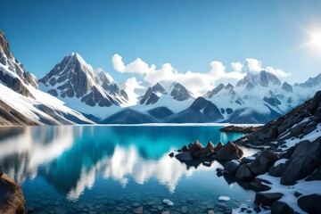 A majestic snow-capped mountain range rising above a serene alpine lake - Powered by Adobe