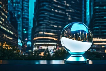 Fototapeta premium In a futuristic setting, a white crystal ball levitates above a gleaming metallic pedesta. AI Generative