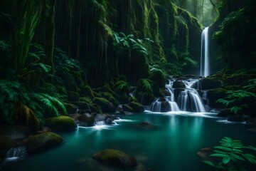 A misty rainforest waterfall hidden within dense foliage