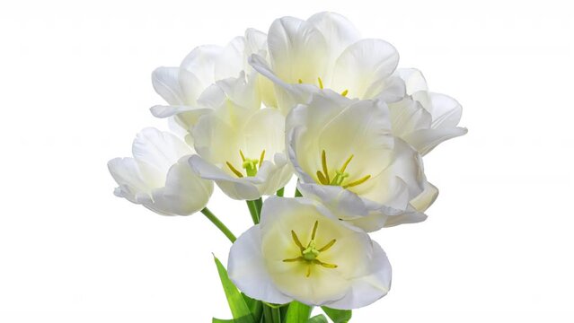 Beautiful bouquet of white tulips on white background, close-up. Holiday bouquet. Wedding backdrop, Valentines Day, Mothers Day, Womans Day, Easter concept.
