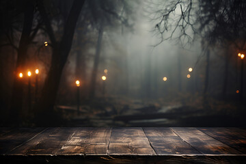Wooden table on the background of the evening foggy park