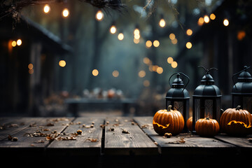 Halloween wooden background with pumpkins and lanterns - Powered by Adobe