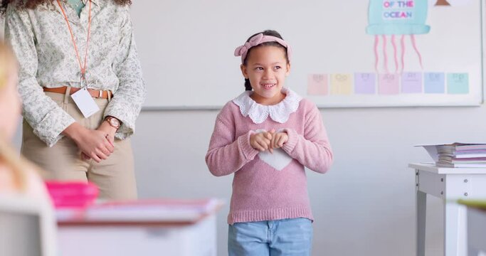 Class, presentation and nervous child speaker with learning and shy in classroom at school. Young kid, kids education and talk of project with a student and teacher with children group discussion