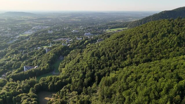 Ustron Aerial View. Scenery of the town and health resort in Ustron on the hills of the Silesian Beskids. Poland.