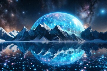 A rendered image of a crystal lake reflecting the universe's constellations