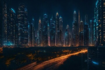 A representation of a cityscape at night with glowing streetlights and illuminated skyscrapers