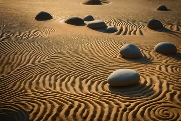 Fototapeta na wymiar A representation of a serene Zen garden with sand ripples and carefully arranged rocks