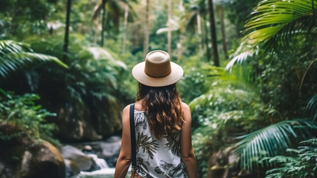 adult woman with sun hat and summer dress and handbag, in deep virgin forest or jungle with palm tree leaves, female adventurer in adventure or tropical vacation