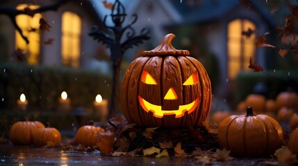 Fototapeta premium scary halloween pumpkin glowing on the ground