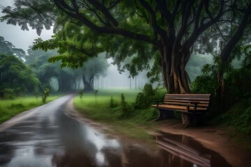 A road side one old bulky and heavy tree have beneath the sitting wooden bench in a rainy season