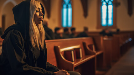 Fototapeta premium young adult woman, crying or grieving, in a church, loss and anger, widow or funeral or depression and faith or crisis of faith, religion and sadness and regret and death