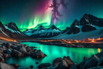 A rugged mountain range into a dreamlike scene with colorful aurora borealis dancing in the sky