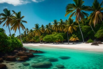 A secluded beach with crystal clear turquoise waters, white sand, and palm trees swaying gently in the tropical breeze