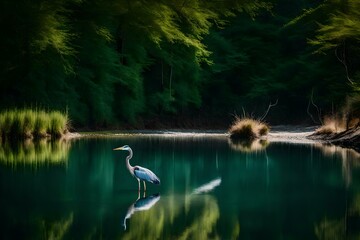 A secluded river bend with transparent water and a heron standing in wait for its prey