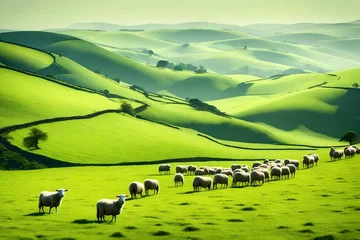 Foto auf Acrylglas Hellgrün A serene countryside landscape with rolling hills and grazing sheep