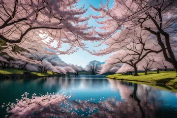 Cercles muraux Paysage A serene lake surrounded by blooming cherry blossom trees