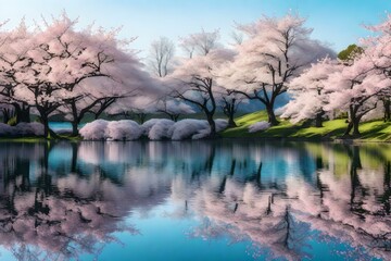 Naklejka na ściany i meble A serene lake surrounded by blooming cherry blossom trees
