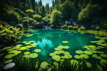 Fototapeta na wymiar A serene lake with transparent water and a variety of aquatic plants