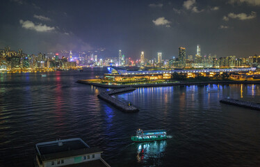 Naklejka premium aerial night view of the Kai Tak Cruise Terminal