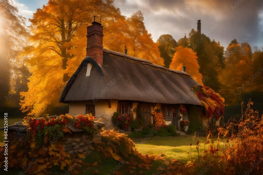 Wall mural In a quaint village, a cottage of humble means basks in the warm embrace of autumn sunlight. AI Generative