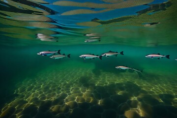 A shallow river with transparent water and a school of salmon swimming in formation