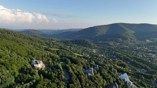 Ustron Aerial View. Scenery of the town and health resort in Ustron on the hills of the Silesian Beskids. Poland.