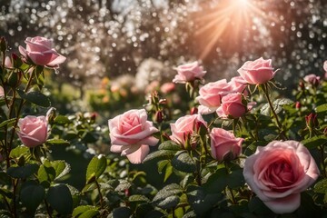 A spring morning in a rose garden, with dewdrops glistening on the petals
