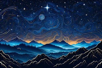 A starry night sky over a mountain range. The twinkling stars illuminate the dark canvas,  the magnificent silhouettes of the mountains below