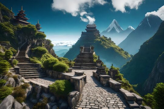 A steep mountain path leading to hidden temples high above the clouds