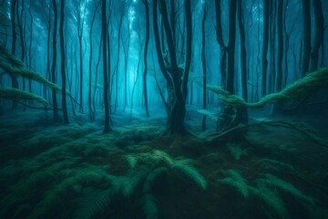 A surreal scene of a mystical forest with bioluminescent trees glowing in the dark