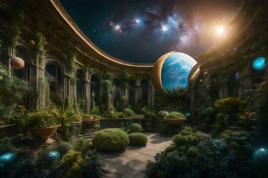 A surreal image of a celestial garden with planets and stars intertwined with plants
