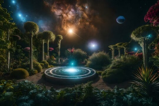 A surreal image of a celestial garden with planets and stars intertwined with plants