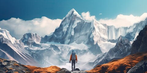 AI Generated. AI Generative. Backpacker alone man at high peak mountain adventure outdoor nature inspiration motivational landscape tour promotion - obrazy, fototapety, plakaty