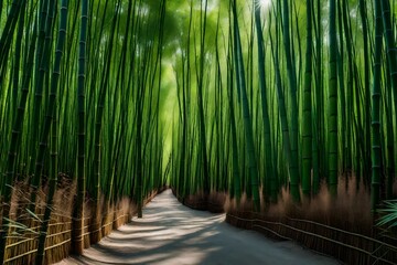 A tranquil bamboo grove with tall bamboo shoots swaying in the breeze