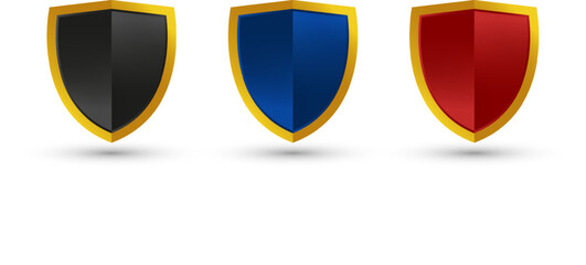Vector blue shield, black shield, and red shield with gold metalic frame. Black and Gold shield. Blue and Gold Shield. Red and Gold shield. Vector shield protection with gold frame logo design.