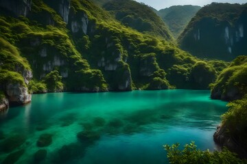 Naklejka na ściany i meble A tranquil lagoon surrounded by limestone cliffs and lush vegetation