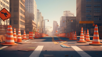Road under construction cityscape street view with hole in asphalt pavement fenced with traffic cones and warning sign. vector image