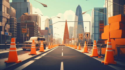 Road under construction cityscape street view with hole in asphalt pavement fenced with traffic...