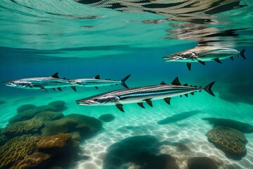 A tropical lagoon with transparent water and a school of barracudas passing by