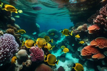 Fototapeta na wymiar A vibrant coral reef with diverse marine life and colorful corals